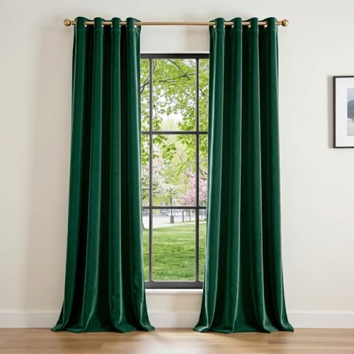 Image of Blackout Emerald Green Velvet Curtains Grommet 52x96 Inch 2 Panels | Soft Velvet, For Bedroom & Living Space, Light Shifting Texture, Elegant Drape, Classic