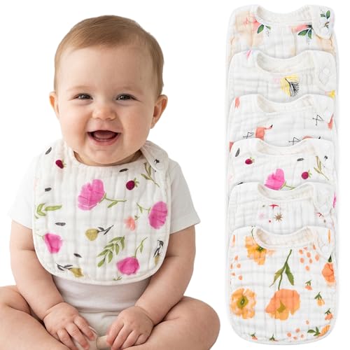 Image of Zainpe 6Pcs Snap Muslin Cotton Bibs for Baby, Flamingo Star Flower Machine Washable Adjustable Burp Cloths with 6 Absorbent Soft Layers for Infant Newborn Toddler Drooling Feeding and Teething