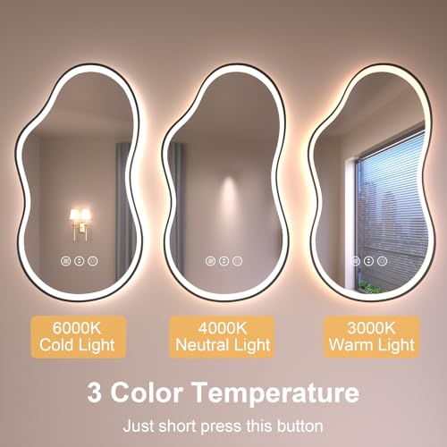 Image of WTTY LED Irregular Bathroom Mirror 20x36 Inch with Front & Back Lights - Asymmetrical Design, Anti-Fog, Dimmable 3 Color Temperatures, Shatterproof Glass, Horizontal or Vertical Mount (Black Frame)