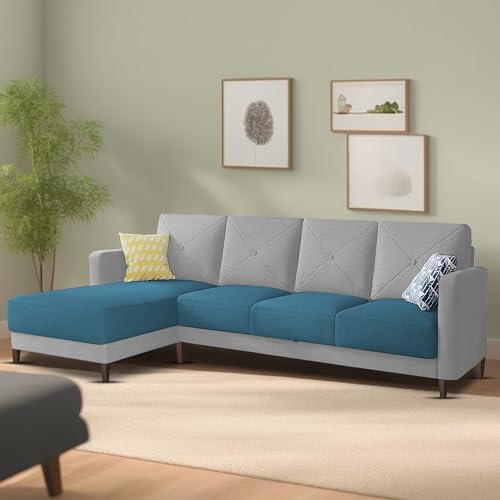 Image of Baloney LHS 6 Seater L Shape Sofa Set for Living Room (Turquise Grey Fabric) Premium Fabric Sofa