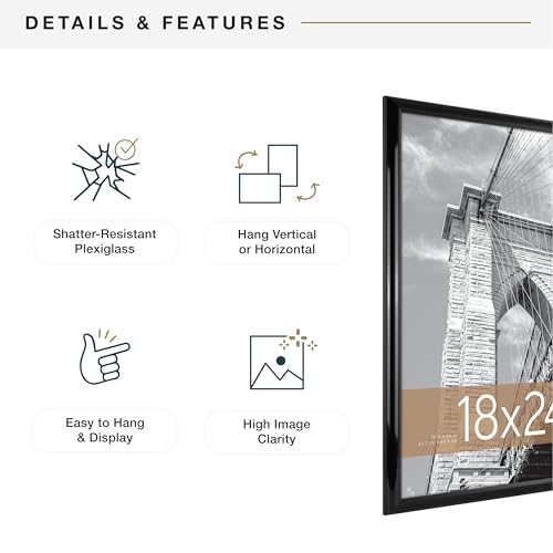 MCS Trendsetter 18x24 Poster Frame Black High-Gloss, Vertical & Horizontal Wall Hanging Large Picture Frame for Photos, Posters & Art Prints (1-Pack)
