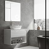 Mueble de Baño Suspendido con Lavabo Sobreponer Cerámico| Mueble Volado 1 Cajón y 1 Hueco | 80 cm Blanco Brillo