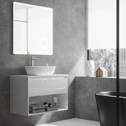 Mueble de Baño Suspendido con Lavabo Sobreponer Cerámico| Mueble Volado 1 Cajón y 1 Hueco | 80 cm Blanco Brillo