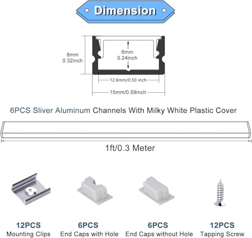 Image of VST 6Pack 1ft U Shape LED Aluminum Channel System with Milky Cover, End Caps and Mounting Clips, LED Diffuser Channel for LED Strip Light, Very Easy Installation