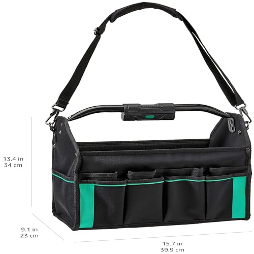 Image of Amazon Basics Tool Bag Organizer with LED Light, 30 Pockets, Adjustable Shoulder Straps, Portable, Black