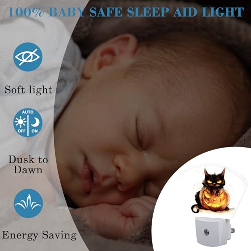 Image of Halloween Black Cat Night Light for Kids, Halloween Pumpkin LED Night Light Plug into Wall with Dusk to Dawn Sensor for Girls Boys Women Men Bedroom, Hallway, Kitchen, Bathroom, Stairs Decor
