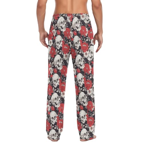 Vdsrup Men's Pajama Pants Skulls Rose Black Pajama Pants for Men PJs Bottoms Drawstring Pockets Sleep Lounge Pants S2