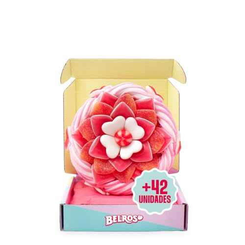 BELROS Tarta Golosinas Mini 12,5cm. Mix Chuches. 400g. Con Forma de Flor, Ideal para Regalos Dia de la Madre. Cumpleaños y Celebraciones. Combinación Chuches Dulces y Ácidas.