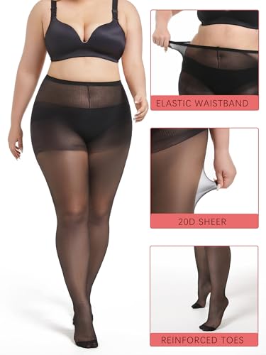 Plus Size Sheer Tights for Women 20D Control Top Pantyhose Soft Stockings with Reinforced Toes 2 Pairs2