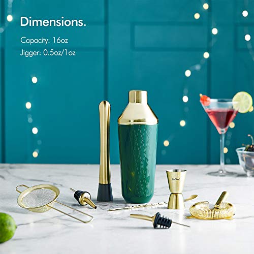 VonShef Green & Gold Cocktail Shaker Set in Gift Box with 16oz Shaker, Muddler, Bar Spoon, Jigger, Hawthorne Strainer, Julep Strainer, Bottle Pourer and Recipe Book - Thumbnail 3