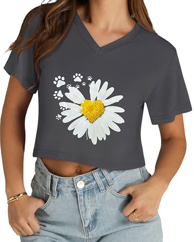 Image of Womens Crop Tops Short Sleeve V Neck Summer Cropped T Shirts Baisc Tees