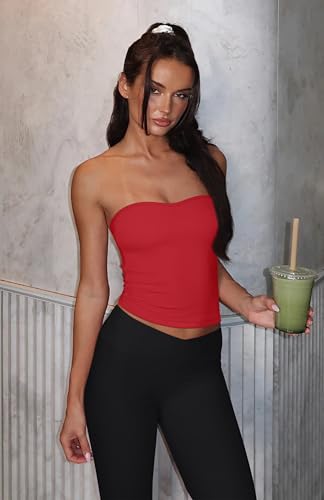 LASLULU Womens Bandeau Red Tube Top Cropped Workout Athletic Shirts Sexy Basic Strapless Yoga Gym Pilates Tops Y2K Summer Fashion 2026(Red X-Large) — view 3