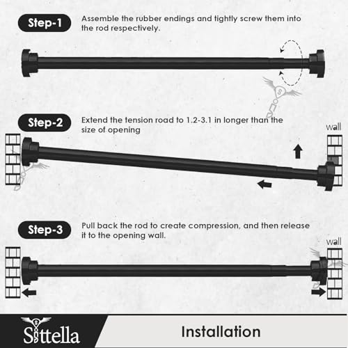 Image of SITTELLA (125Cm To 220Cm) Extendable Shower Curtain Tension Rod Non-Drilling Anti-Skid Spring Pull Rod - (Stainless Steel, Black, 1 Piece)