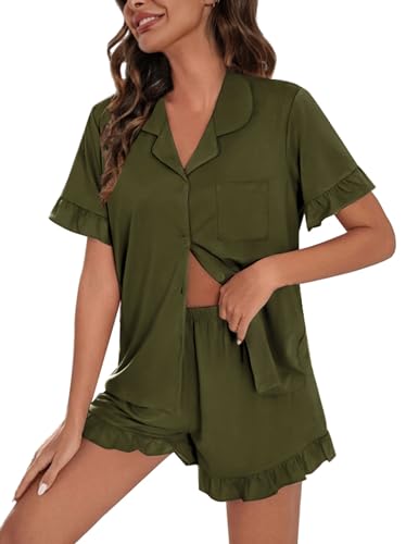Image of SWOMOG Woman Pajama Set Short Sleeve Pjs Set 2Pcs Short Pajamas Button Down Ruffle Hem Sleepwear Soft Modal Loungewear