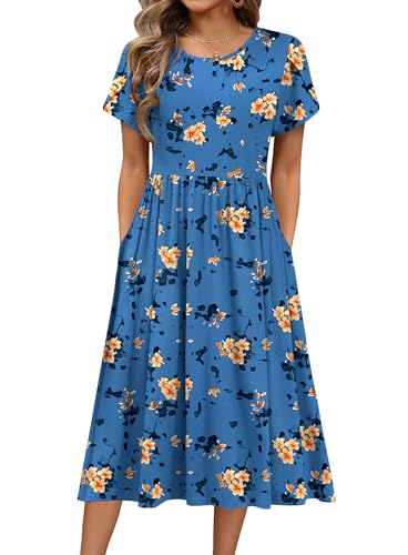 Image of HOTOUCH Women's Summer A-Line Midi Dresses 2026 Casual Floral Short Sleeve T-Shirt Dress Flowy Beach Sundress with Pockets