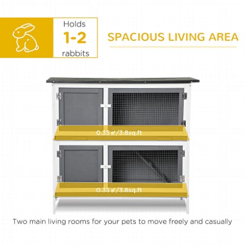 PawHut Wooden Bunny Hutch Rabbit Hutch Small Animals Habitat with Ramp, Removable Tray and Weatherproof Roof, Indoor/Outdoor, Grey