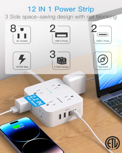 Image of 15 Ft Long Extension Cord with Multiple Outlets, Surge Protector Power Strip Flat Plug with 8 Outlets 4 USB Ports(2 USB C), Desk Outlet Extender for Home Office Supplies, College Dorm Room Essentials