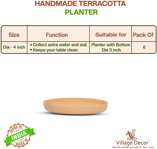 Village Decor Terracotta Saucer/Tray/Base Plate Planter Tray - Pack of 6(Dia-4 inch)