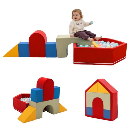 Zedachica Aire de Jeux en Mousse 8 Pièces pour Bébé, Blocs d'escalade avec Piscine à Balles Maison, Parcours de Motricité pour Ramper et Grimper, Rouge (Balles Non Incluses)