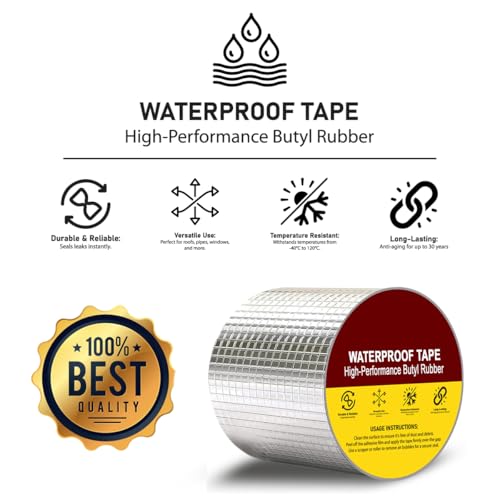 Image of Aluminium Butyl Waterproof Tape | Heavy Duty Leak Repair Sealing Tape | Self-Adhesive Roof, Pipe & Wall Crack Repair | Weatherproof & Heat Resistant (10CM*5M)