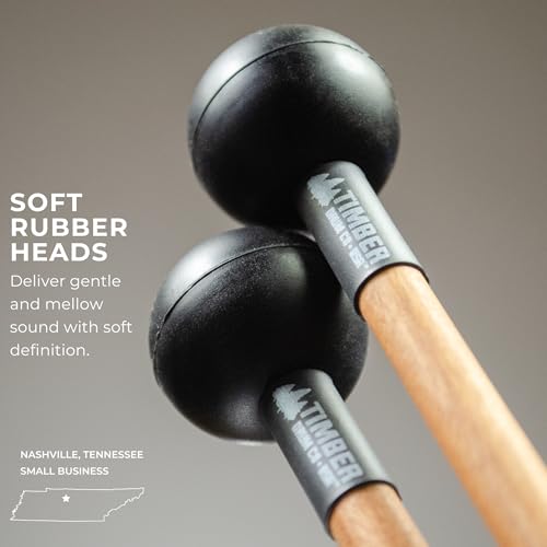 Timber Drum Co. Percussion Mallets — U.S.A. ASSEMBLED — Sticks for Marimba, Steel Tongue Drum, Vibraphone — Soft Rubber, 15.25"