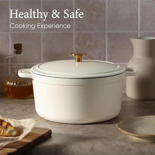 Image of CAROTE 4.7 Litre Enameled Cast Iron Dutch Oven with Lid - Biryani Pot | Gas & Induction Compatible | Oven Safe up to 260C | Even Heat Retention | White