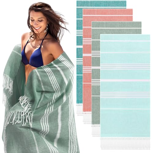 VitalCozy 4 Pcs Cotton Turkish Beach Towels Oversized 39 x 71 Inch Pool Towels Quick Dry Extra Large Light Travel Blanket for Adults Beach Accessories Gifts (Bright Color)
