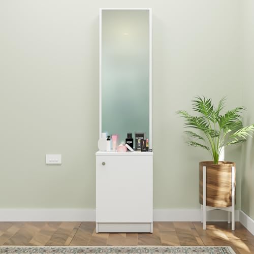 Image of VIKI |Engineered Wood Dressing Table 1 Door with Shelf, Mirror and Huge Storage Space | Vanity for Living Room, Bedroom (Frosty White - 43.8W x 40D x 182.6H cms)