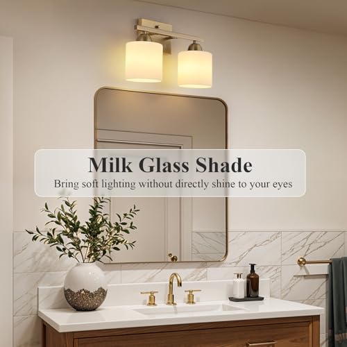 Image of Mecgirn Milk Glass Vanity Lights for Bathroom, 2 Light Antique Matte Brass Bathroom Vanity Light Fixtures Over Mirror, Ceramic E26 Sockets Wall Mounted