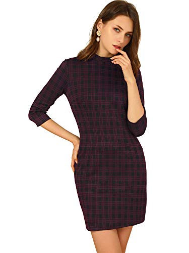 Allegra K Damen Weihnachtskostüm Stehkragen 3/4 Ärmel Slim Karo Büro Arbeit Plaid Kleid, dunkelrot, 38