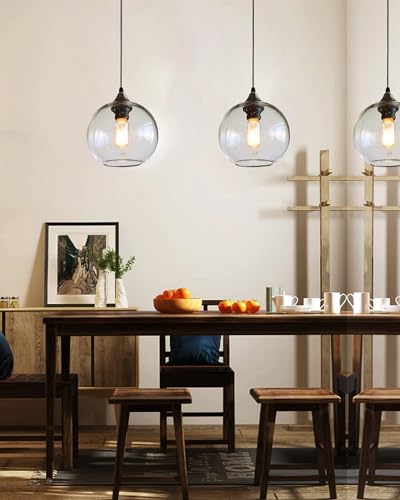 ARIAMOTION Globe Pendant Lights Kitchen Island 3 Pack Hand Blown Glass Modern Rustic Lighting Clear Seeded Bubbles Dining Room Table Coffee Bar Counter Brushed Nickel Lamp 7.4 Inch Diam - Image 2