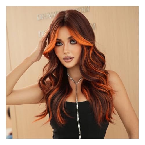 Perruque ondulée orange à frange moelleuse pour femme, reflets cosplay teints et dégradé volumineux