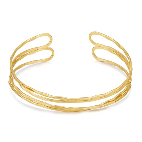Bracelet manchette femme large ouvert et réglable style jonc fil croisé multicouche doré