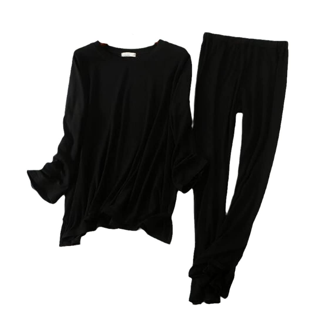 Conjunto de pijama de manga larga de algodón modal cómodo otoño e invierno para mujer, Negro, XXL