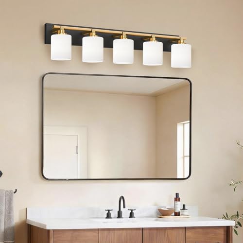 Image of Modern Bathroom Lighting Fixtures Over Mirror, Vanity Lights for Bathroom, Wall Sconces with Milky White Glass Shades, E26 Ceramic Socket, 5-Light 35.4-inch Black and Gold