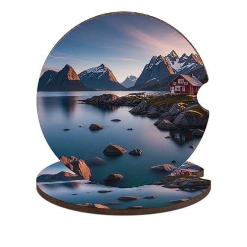 Lot de 2 sous-verres de voiture avec base en liège absorbante et anti-rayures et fente pour les doigts, 6,6 cm (2,6 pouces). Sous-verres « Îles de Norvège » pour voitures, camions, SUV, accessoires au