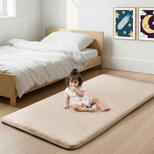 Image of 1.3 inch Thick Baby Bedside Floor Mat for Room, 28x72 Runner Rug, Beige | Memory Mat for Baby to Play on Floor Waterproof Easy Care with Non-Slip Tummy Time Play Mat for Nursery Playroom Classroom