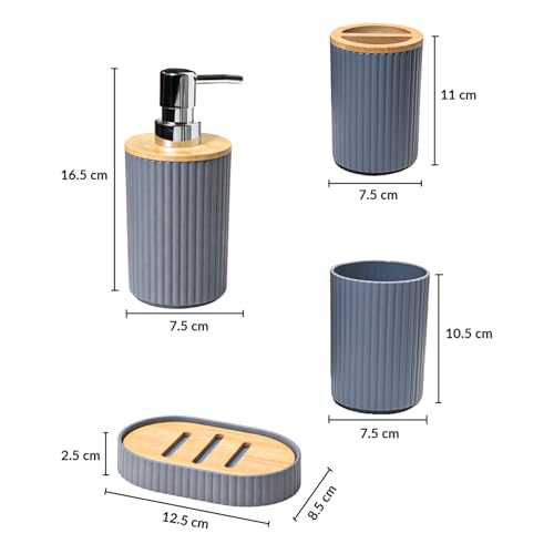 Image of MARKET 99 Bathroom Accessories Set of 4, Grey Plastic Bathroom Countertop Organizer with 350 ml Soap Dispenser, Toothbrush Holder, Tumbler & Soap Dish, Modern Vanity Bathroom Decor Set