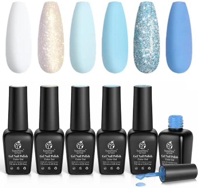 Beetles Gel Nail Polish Set- 6 Colors On the Rocks Collection Glitter White Blue Gel Nail Polish Kit Spring Summer Soak Off LED Nail Lamp Gel Nail Kit Manicure DIY Home