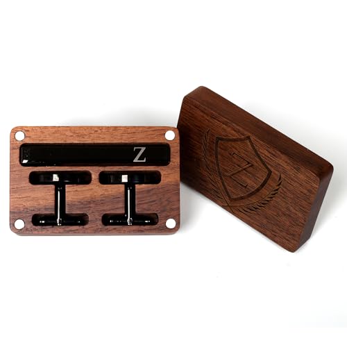 Image of Mens Initial Cufflinks and Tie Clip A-Z Alphabet Letter Black Stainless Cuff Links Tie Bar with Engraved Walnut Wood Box Groom Groomsman Wedding Set