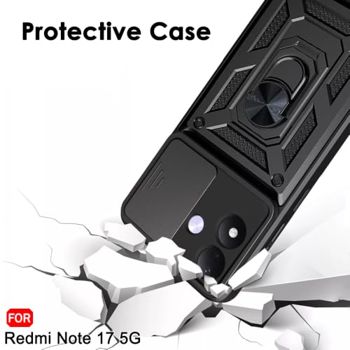 Image of TheGiftKart Tough Armor Bumper Back Cover Case for Redmi Note 17 5G | Sliding Camera Cover, Kickstand & Ring Holder | 360 Degree Protection Back Cover Case for Redmi Note 17 5G (PC & TPU, Black)