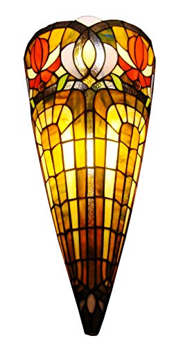 Tiffany Style Wall Lamp Brown Yellow Red Flower 2 Light Stained Glass Vintage Antique for Bedroom Living Room 10