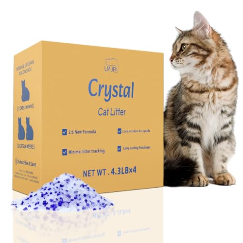 Crystal Cat Litter with Powerful Odor Control, Non-Clumping, Lasts Up to 4 Months, 17.2lb, Rapid Water Absorption, Unscented & Low Tracking Lightweight Blue & White Silica, 4 Pack of 4.3lb 1