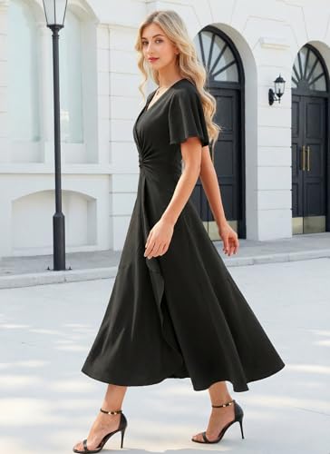 Image of QMZ Wedding Guest Dresses for Women V Neck Cocktail Dress Ruffle Sleeve A Line Evening Party Formal Dresses for Women