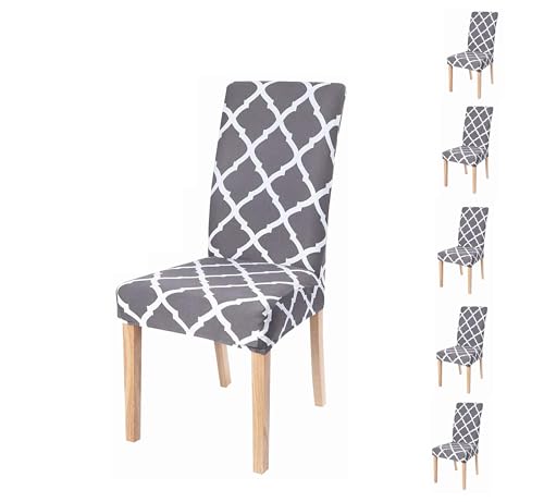 Image of Dining Chair Covers Set of 6, Stretchable Removable Washable Anti-Slip Universal Fit Printed Polyester Spandex Slipcovers (Grey Diamond)