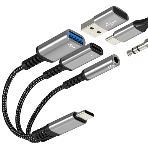 Adaptateur USB C vers USB 3 en 1 avec double charge et jack 3.5mm pour iPhone 16 15