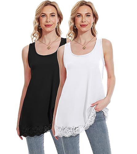 TAIPOVE Long Lace Camisole Tank Tops for Women for Under Clothes Cotton Layering Shirt Extender Sleeveless Tunic 2PKS