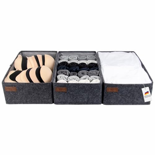 Schubladen Organizer by MEKAA für MALM Kommode & Kleiderschrank - 3er Set - Passgenaue Schubladenbox für Kleidung Unterwäsche Accessories - stabiles Ordnungssystem in Anthrazit - 40 * 23 * 12cm