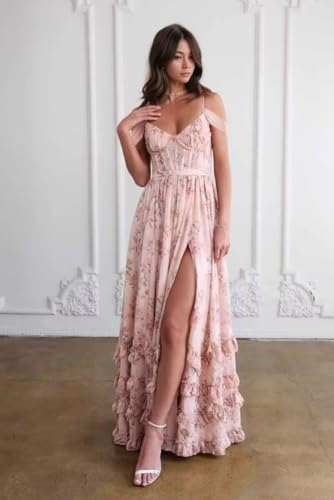 Off Shoulder Floral Bridesmaid Dress Long Ruffle with Slit Spaghetti Straps for Wedding Floral Prom Dress4