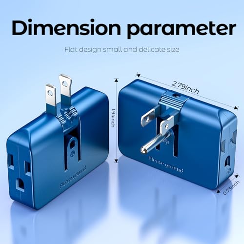 2-Pack Blue Outlet Splitter with 3 Prong Plug Extender - 3 Plug Wall Adapter, Converts 2 to 3 & 3 to 2 Prong, Ideal for Multiple Outlet Wall Plug Needs suitable for air travel/fits in carry-on luggage3